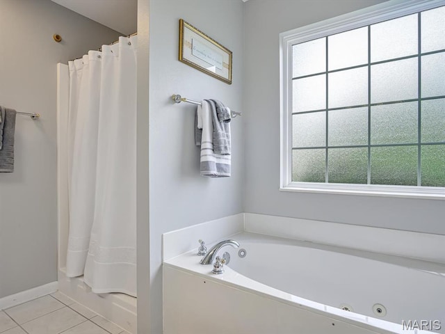 22 Foxmoor Dr, Maryville, IL 62062 - bathroom with a jetted tub, tile patterned floors, and a shower with shower curtain