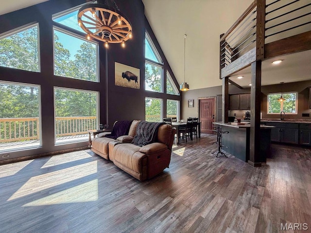 10185 Springer Dr, Bonne Terre, MO 63628 - living area featuring high vaulted ceiling and dark wood-style flooring