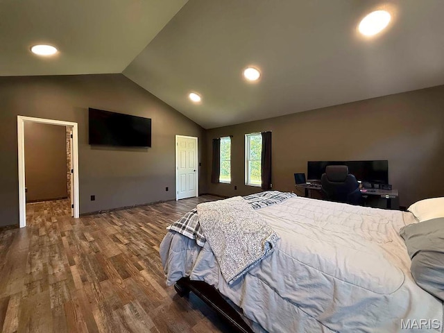 10185 Springer Dr, Bonne Terre, MO 63628 - bedroom with lofted ceiling, wood finished floors, and recessed lighting