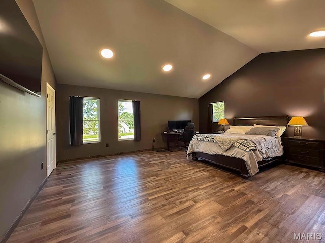 10185 Springer Dr, Bonne Terre, MO 63628 - bedroom featuring lofted ceiling, wood finished floors, and recessed lighting