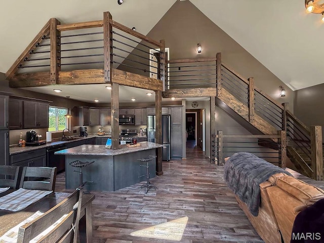10185 Springer Dr, Bonne Terre, MO 63628 - living area featuring high vaulted ceiling and dark wood-style floors
