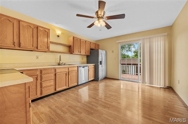 221 James St, Bethalto, IL 62010 - kitchen featuring appliances with stainless steel finishes, open shelves, a ceiling fan, light countertops, and light wood-style flooring