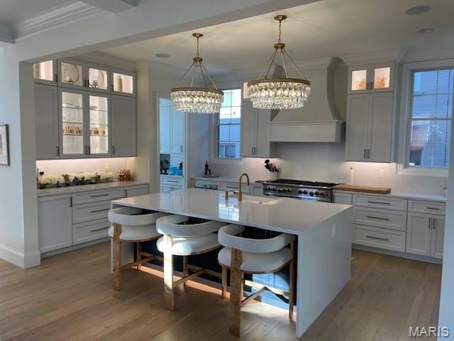8145 University Dr, Clayton, MO 63105 - kitchen featuring premium range hood, crown molding, a chandelier, range, and light wood finished floors