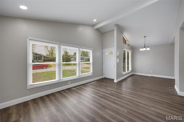 229 Orchard Ave, Ballwin, MO 63021 - unfurnished living room with a chandelier, beam ceiling, dark wood-style flooring, high vaulted ceiling, and recessed lighting