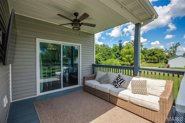 1145 Nassau Dr, Edwardsville, IL 62025 - wooden terrace with outdoor lounge area and ceiling fan