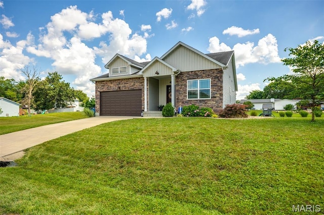 1145 Nassau Dr, Edwardsville, IL 62025 - craftsman house with stone siding, concrete driveway, a front lawn, and a garage