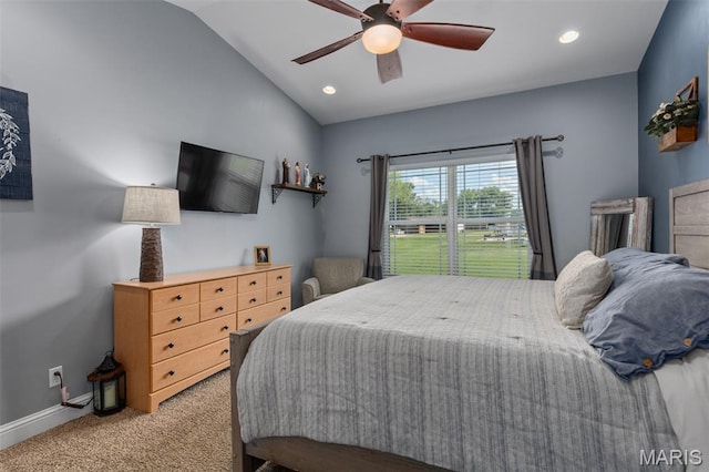 1145 Nassau Dr, Edwardsville, IL 62025 - bedroom with carpet floors, vaulted ceiling, a ceiling fan, and recessed lighting