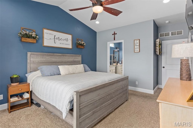1145 Nassau Dr, Edwardsville, IL 62025 - bedroom with carpet flooring, lofted ceiling, recessed lighting, ceiling fan, and ensuite bathroom