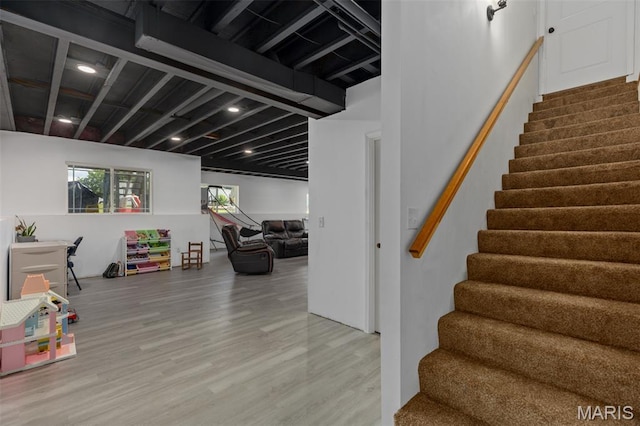 1145 Nassau Dr, Edwardsville, IL 62025 - stairs with wood finished floors and beamed ceiling