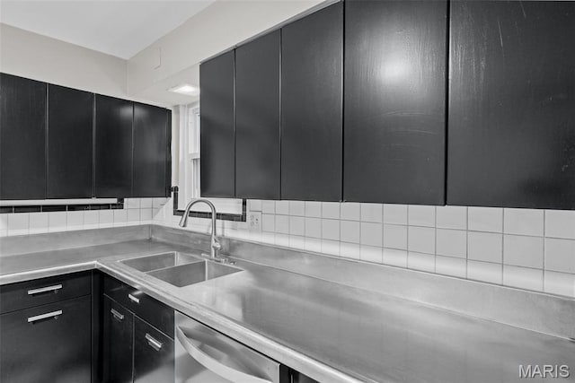 7315 Ahern Ave, University City, MO 63130 - kitchen featuring dark cabinets, decorative backsplash, and dishwasher