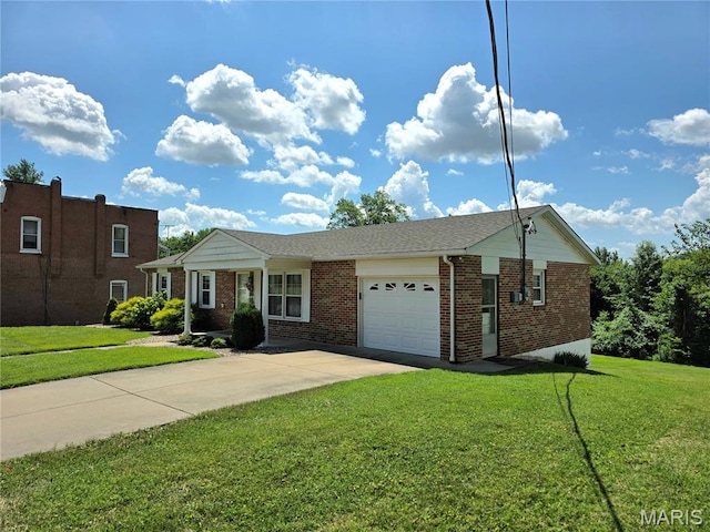 320 W 6th St, Washington, MO 63090 - view of front of house featuring an attached garage, brick siding, concrete driveway, and a front yard