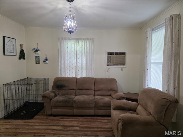 1414 Newton Ave, Johnston City, IL 62951 - living area featuring dark wood-style flooring, crown molding, and a wall mounted air conditioner