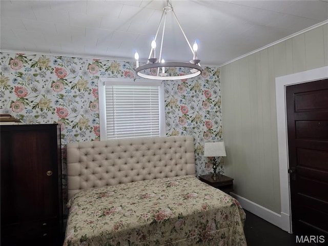 1414 Newton Ave, Johnston City, IL 62951 - bedroom with a chandelier, ornamental molding, and wallpapered walls