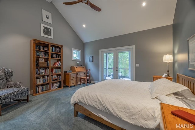 2740 Tyrol View Ct, Innsbrook, MO 63390 - bedroom featuring access to outside, french doors, high vaulted ceiling, carpet, and recessed lighting