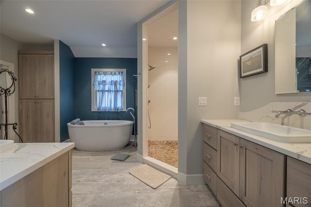 2740 Tyrol View Ct, Innsbrook, MO 63390 - full bath with vanity, a walk in shower, a freestanding bath, and recessed lighting