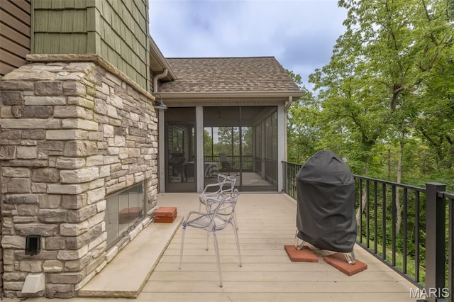 2740 Tyrol View Ct, Innsbrook, MO 63390 - wooden deck with a sunroom and a grill