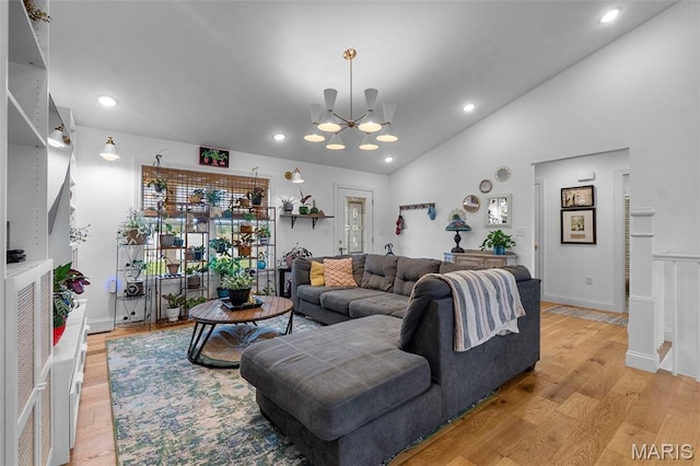 236 Haydens Trl, Jackson, MO 63755 - living area with a chandelier, light wood-style flooring, recessed lighting, and lofted ceiling