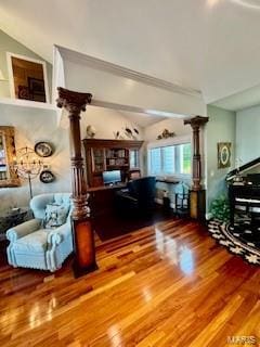 807B Wind Rivers Dr, Grafton, IL 62037 - living area with vaulted ceiling, wood finished floors, and ornate columns