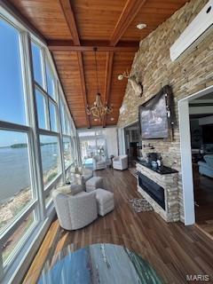 807B Wind Rivers Dr, Grafton, IL 62037 - living area featuring a wood ceiling with exposed beams, high vaulted ceiling, wood finished floors, a fireplace, and a water view