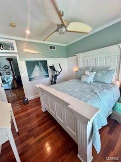 807B Wind Rivers Dr, Grafton, IL 62037 - bedroom featuring dark wood finished floors, ornamental molding, and ceiling fan