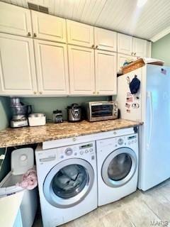 807B Wind Rivers Dr, Grafton, IL 62037 - laundry room with independent washer and dryer, cabinet space, and wooden ceiling