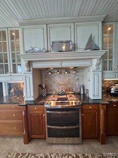 807B Wind Rivers Dr, Grafton, IL 62037 - bar area with range with two ovens, tasteful backsplash, and wooden ceiling