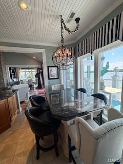 807B Wind Rivers Dr, Grafton, IL 62037 - dining area with ornamental molding, a chandelier, light tile patterned flooring, and wooden ceiling