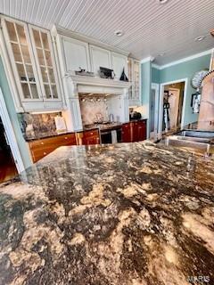 807B Wind Rivers Dr, Grafton, IL 62037 - kitchen with white cabinets, glass insert cabinets, and dark stone countertops