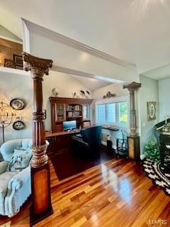 807B Wind Rivers Dr, Grafton, IL 62037 - living room featuring ornate columns, lofted ceiling, wood finished floors, and ornamental molding