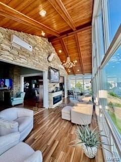 807B Wind Rivers Dr, Grafton, IL 62037 - living room featuring a wood ceiling with exposed beams, a chandelier, wood finished floors, a fireplace, and a wall mounted air conditioner