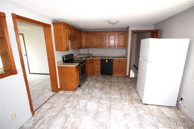 420 Lake Dr, Bonne Terre, MO 63628 - kitchen featuring freestanding refrigerator, stainless steel electric range, dishwasher, brown cabinetry, and light countertops