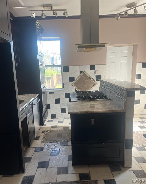 5185 Enright Ave, Saint Louis, MO 63108 - kitchen featuring wall chimney range hood, stainless steel appliances, decorative backsplash, rail lighting, and light countertops