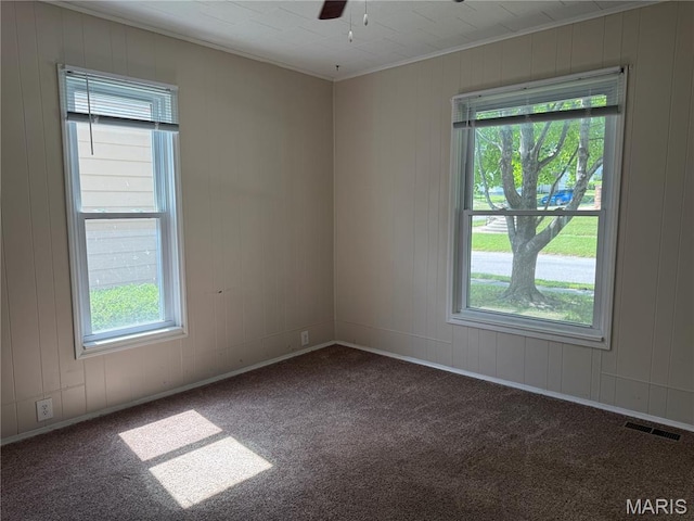 3313 Saint Charles St, Hannibal, MO 63401 - carpeted spare room featuring healthy amount of natural light, ornamental molding, and a ceiling fan
