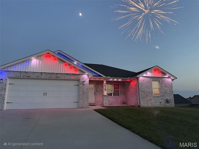 2519 Cortland Dr, Jackson, MO 63755 - ranch-style house featuring brick siding, driveway, an attached garage, a front lawn, and board and batten siding