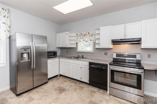 711 Erskine Ave, Lemay Township, MO 63125 - kitchen with stainless steel appliances, under cabinet range hood, open shelves, a paneled ceiling, and white cabinetry