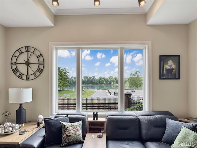 4 Market St, Washington, MO 63090 - living room with plenty of natural light, wood finished floors, crown molding, and a water view