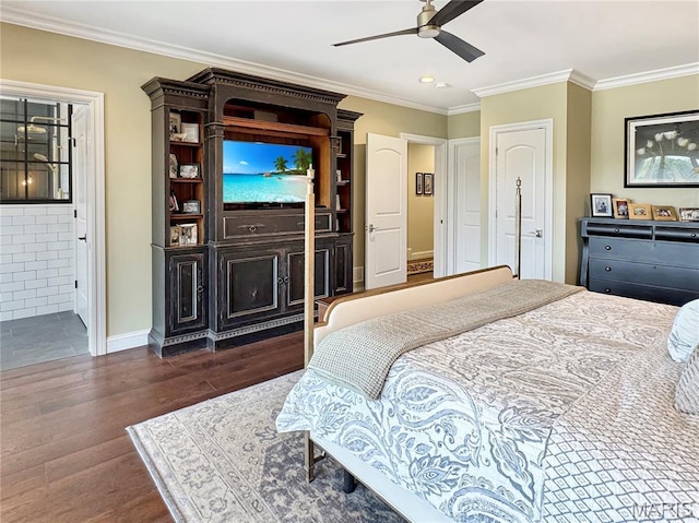 4 Market St, Washington, MO 63090 - bedroom featuring dark wood-style floors, ornamental molding, recessed lighting, ensuite bathroom, and ceiling fan