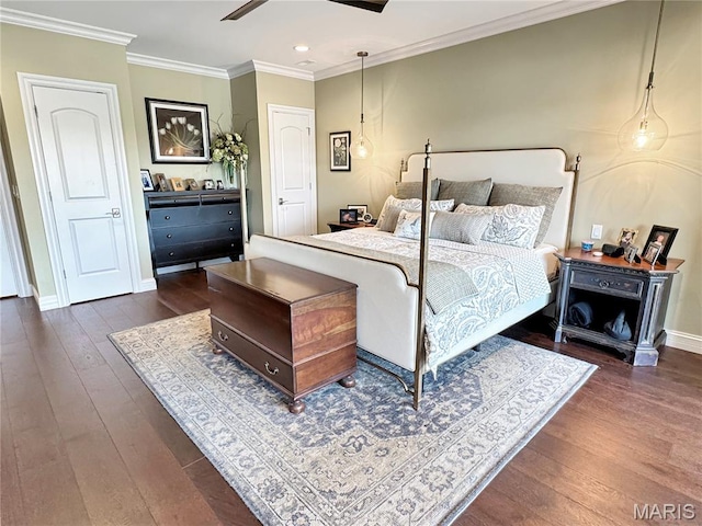 4 Market St, Washington, MO 63090 - bedroom featuring dark wood-type flooring, crown molding, recessed lighting, and a ceiling fan