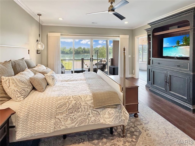 4 Market St, Washington, MO 63090 - bedroom with access to outside, dark wood-style flooring, crown molding, recessed lighting, and ceiling fan