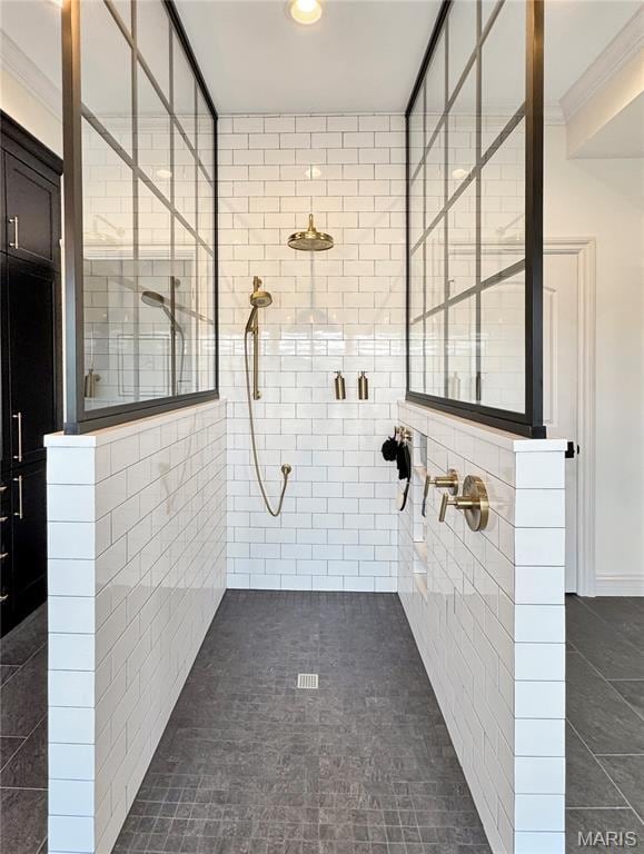 4 Market St, Washington, MO 63090 - bathroom with a stall shower, crown molding, and tile patterned floors
