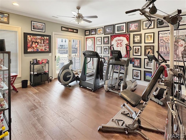 4 Market St, Washington, MO 63090 - exercise area with ceiling fan, hardwood / wood-style floors, recessed lighting, and ornamental molding