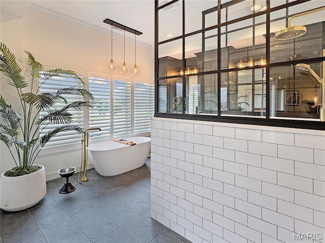 4 Market St, Washington, MO 63090 - full bathroom with a freestanding tub, crown molding, tile patterned flooring, a shower, and tile walls