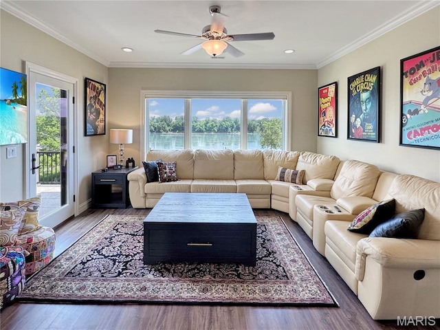 4 Market St, Washington, MO 63090 - living area featuring a ceiling fan, wood finished floors, ornamental molding, recessed lighting, and a water view