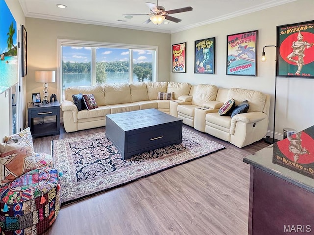 4 Market St, Washington, MO 63090 - living room with a ceiling fan, crown molding, wood finished floors, and recessed lighting