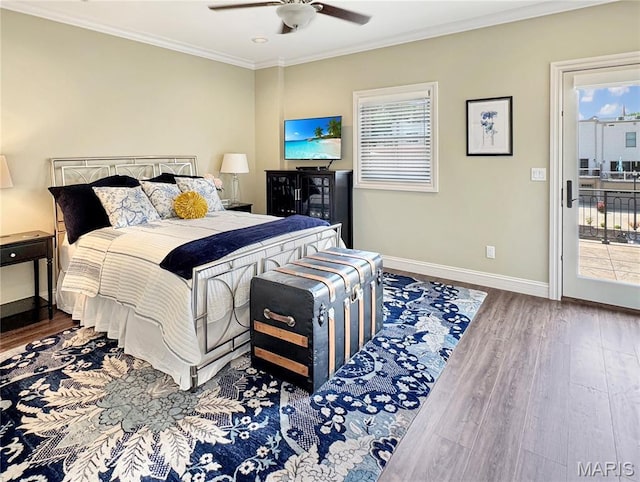 4 Market St, Washington, MO 63090 - bedroom featuring wood finished floors, access to exterior, ornamental molding, and ceiling fan