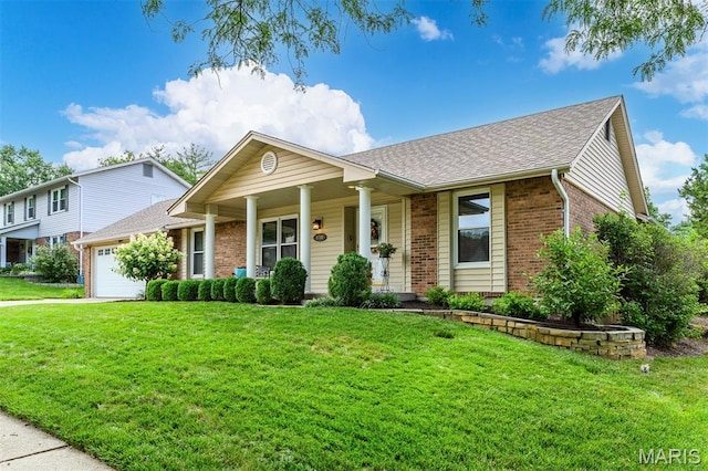 1730 Blakefield Ter, Manchester, MO 63021 - view of front of house with brick siding, a garage, a shingled roof, a front yard, and covered porch