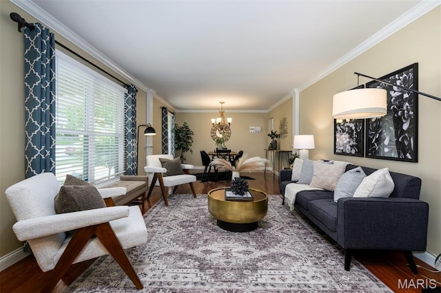 1730 Blakefield Ter, Manchester, MO 63021 - living area featuring a chandelier, wood finished floors, and ornamental molding