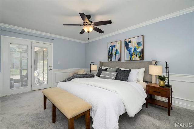 1730 Blakefield Ter, Manchester, MO 63021 - carpeted bedroom featuring access to outside, crown molding, a wainscoted wall, and ceiling fan