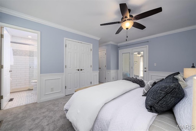 1730 Blakefield Ter, Manchester, MO 63021 - bedroom featuring carpet flooring, ornamental molding, a wainscoted wall, a ceiling fan, and ensuite bathroom