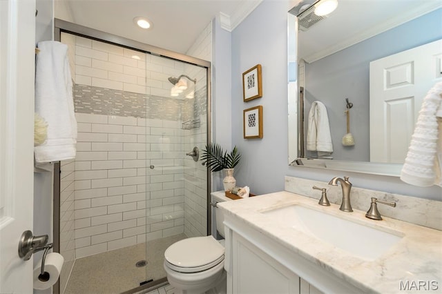 1730 Blakefield Ter, Manchester, MO 63021 - full bathroom with ornamental molding, a stall shower, vanity, and recessed lighting